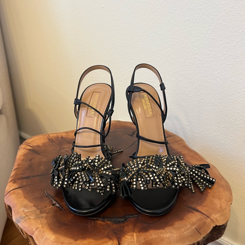 Aquazzura Black and Gold Heels with Stiletto Design
